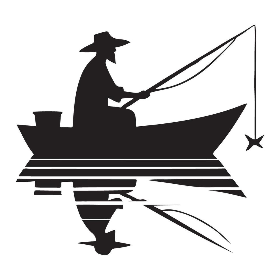 Fisherman Silhouette on Boat Reflection Image for Peaceful Days vector