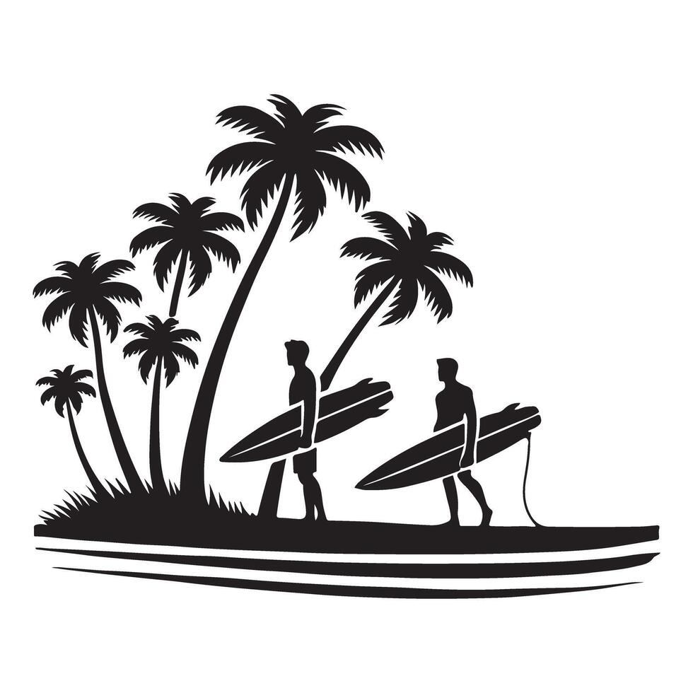 Surfers on Tropical Island Silhouette Illustration Paradise Getaway vector