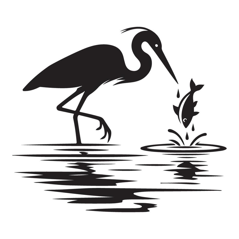 Heron Fishing Silhouette Bird Catching Prey Art Illustration vector