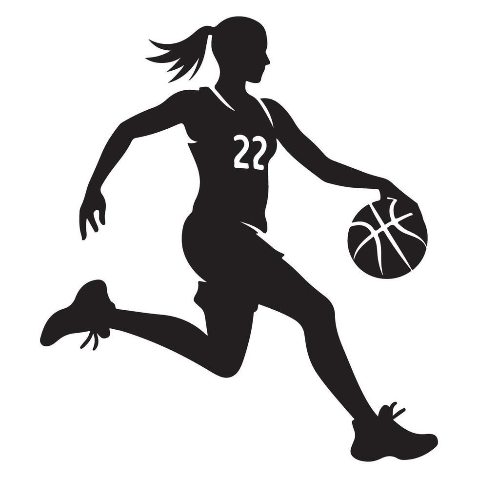 Dynamic Silhouette of Female Basketball Player Dribbling for Graphic Designs vector