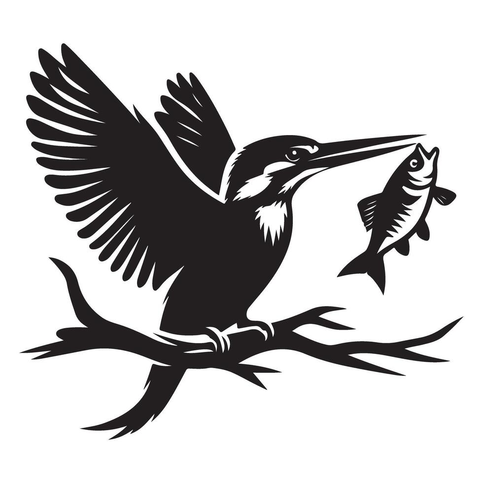 Kingfisher Bird Silhouette Holding Fish Wildlife Nature Illustration Art vector