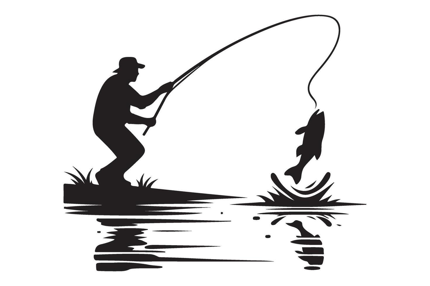 Silhouette of Man Fishing with Leaping Fish Illustration vector