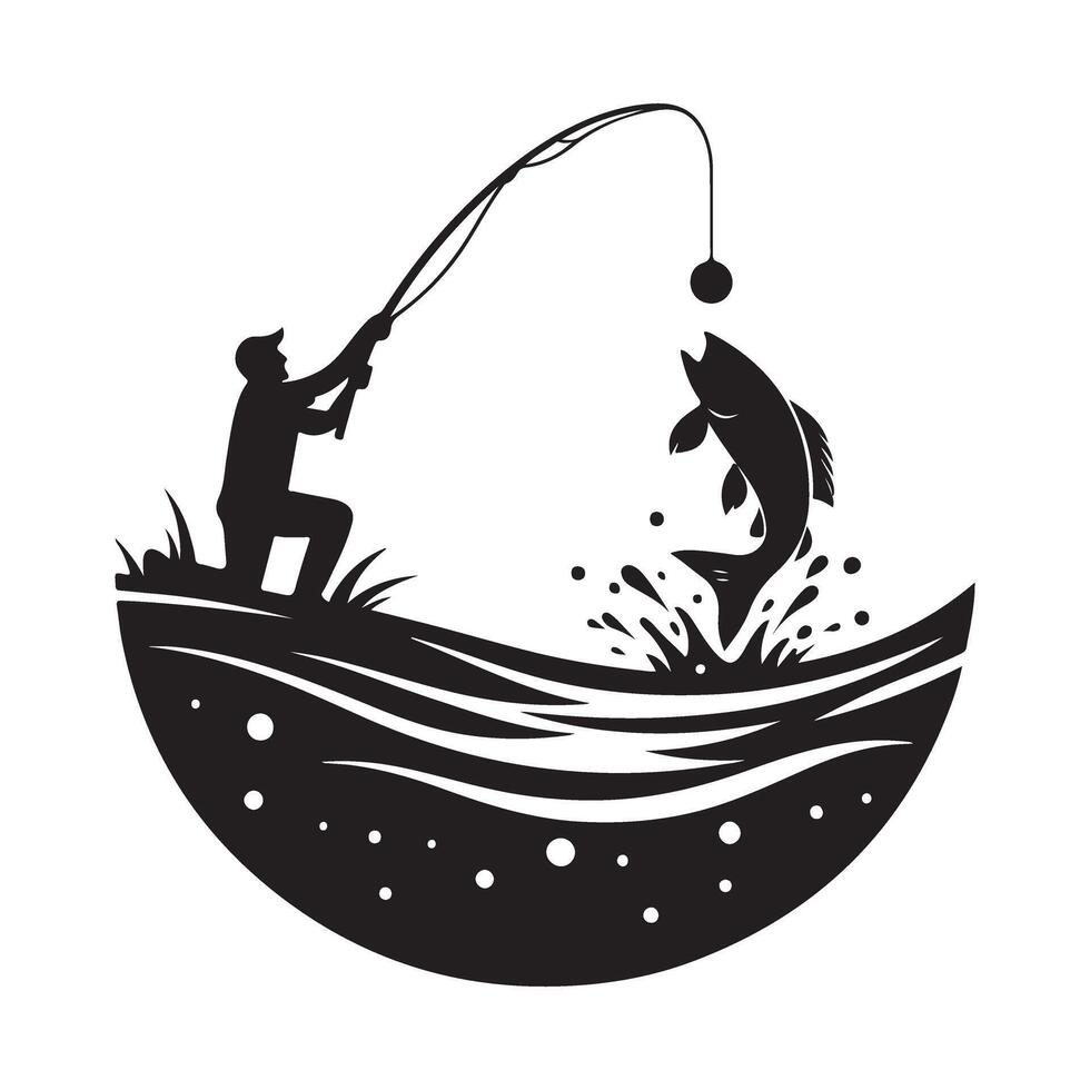 Silhouette Fisherman Catching Big Fish Art Illustration vector