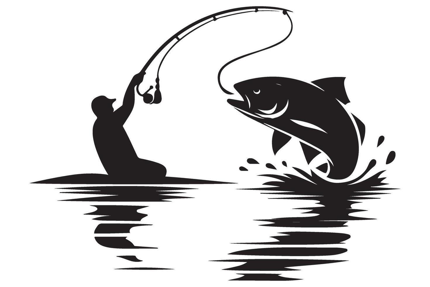 Silhouette Fisherman Catching Jumping Big Fish Illustration Graphic vector