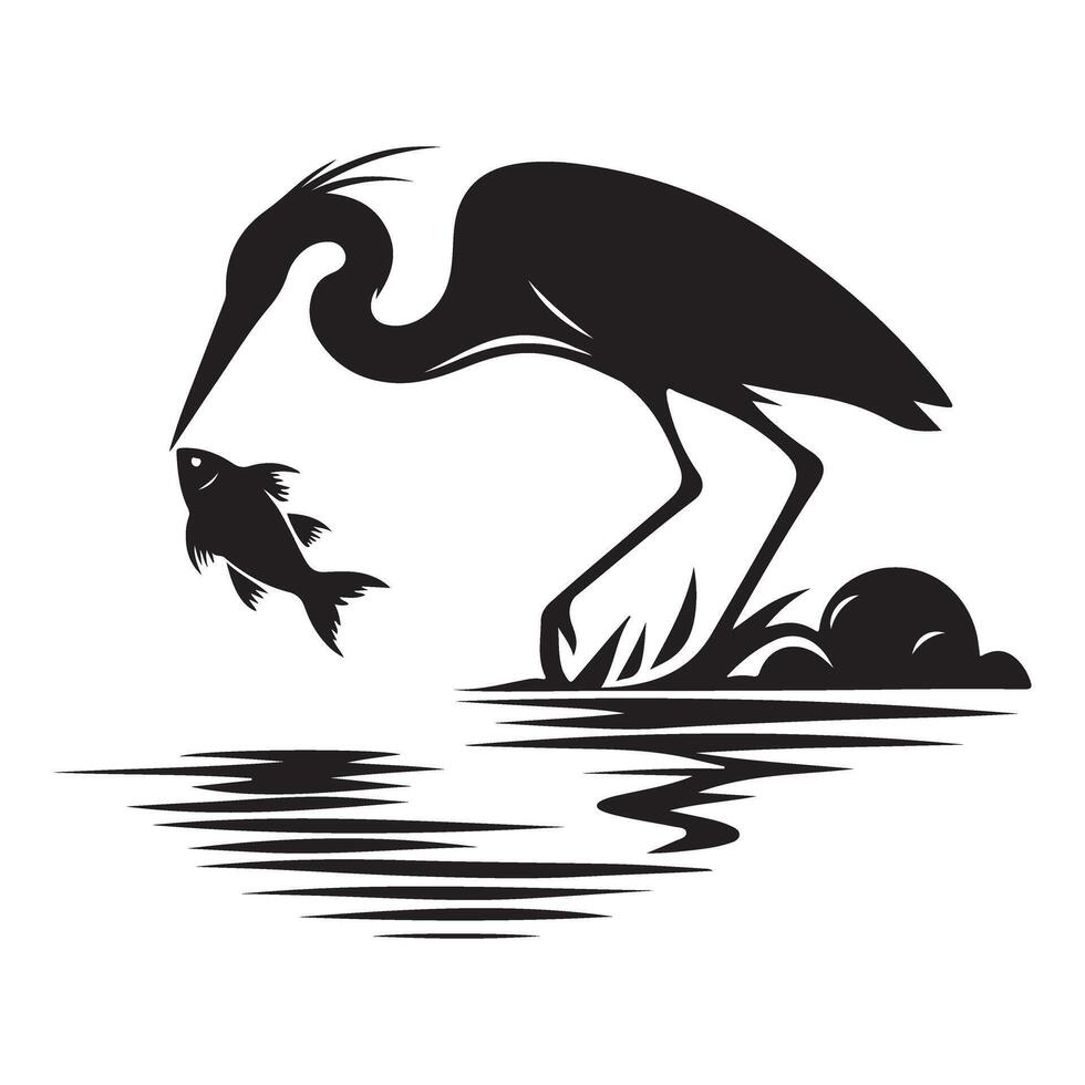 Silhouette Heron Catching Fish Near Water Graphic Image vector