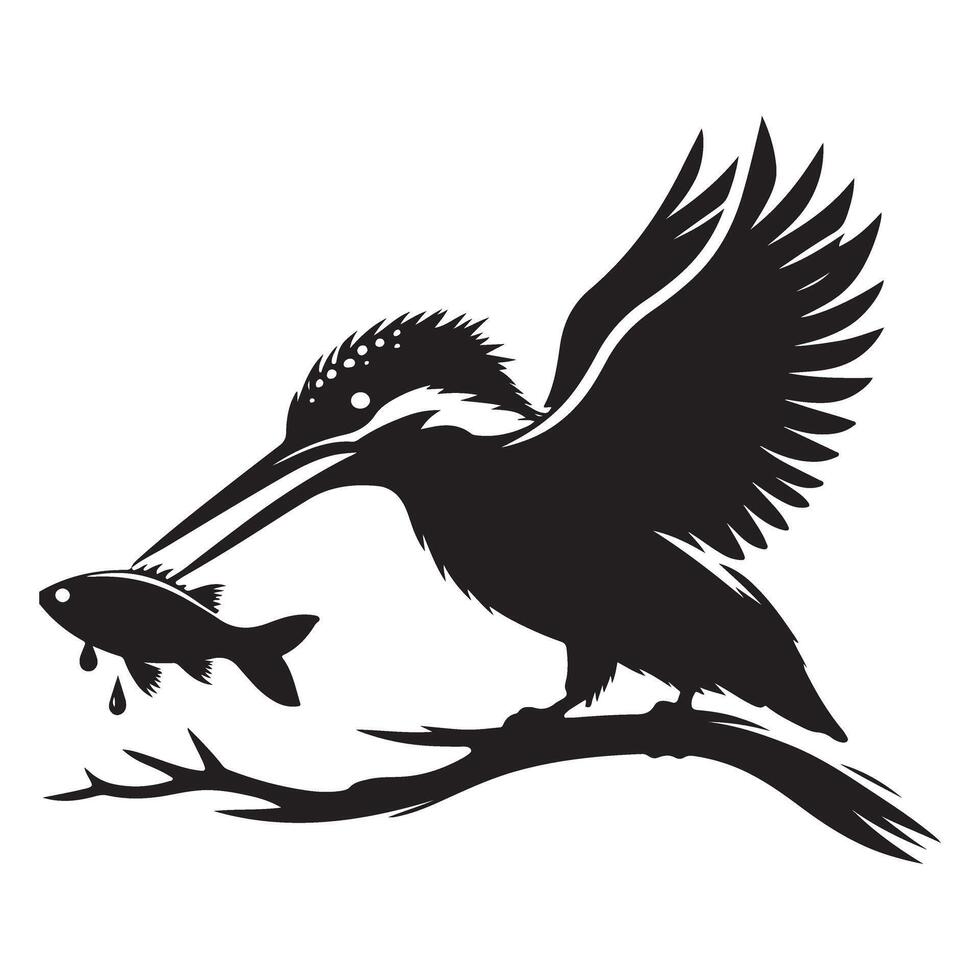 Kingfisher Bird Catching Fish Silhouette Illustration Design Element vector