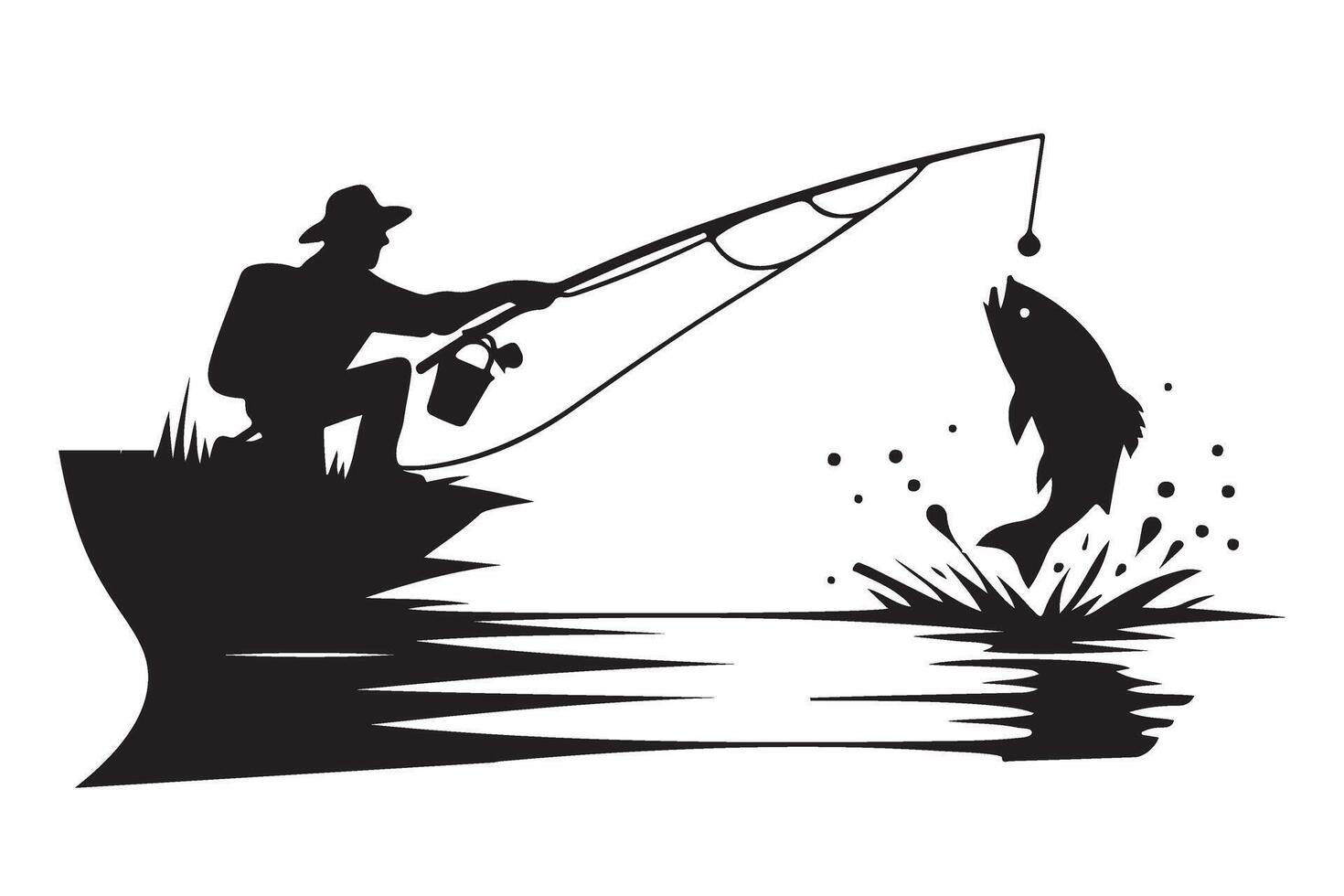 Silhouette Fisherman Catching Fish Illustration for Outdoor Adventure and Nature Enthusiasts vector
