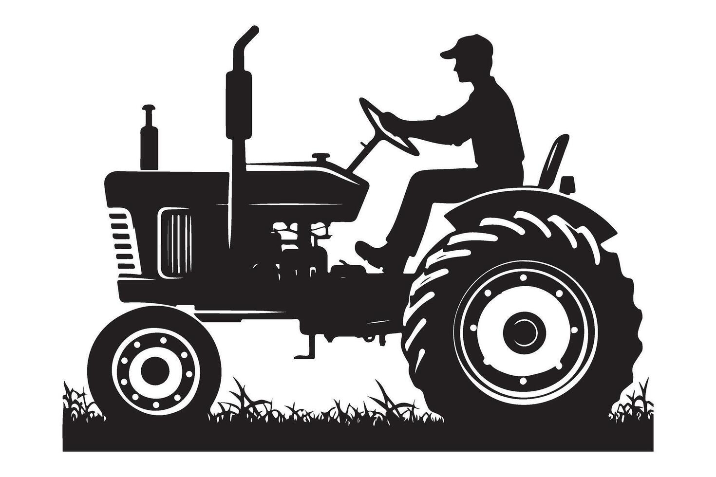 Vintage Tractor Silhouette with Farmer Working on a Sunny Field vector