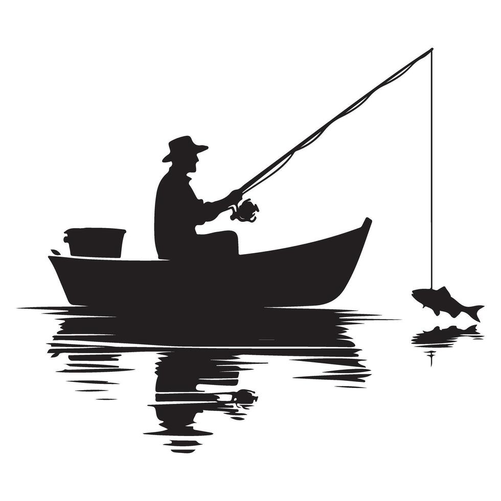 Fisherman in boat silhouette fishing scenery graphic art vector