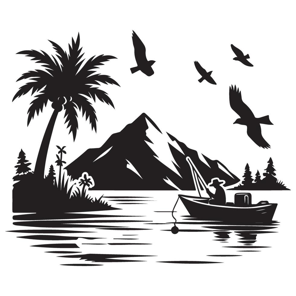 Silhouette Serene Lake Fishing Scene Tranquil Nature Recreation Illustration vector