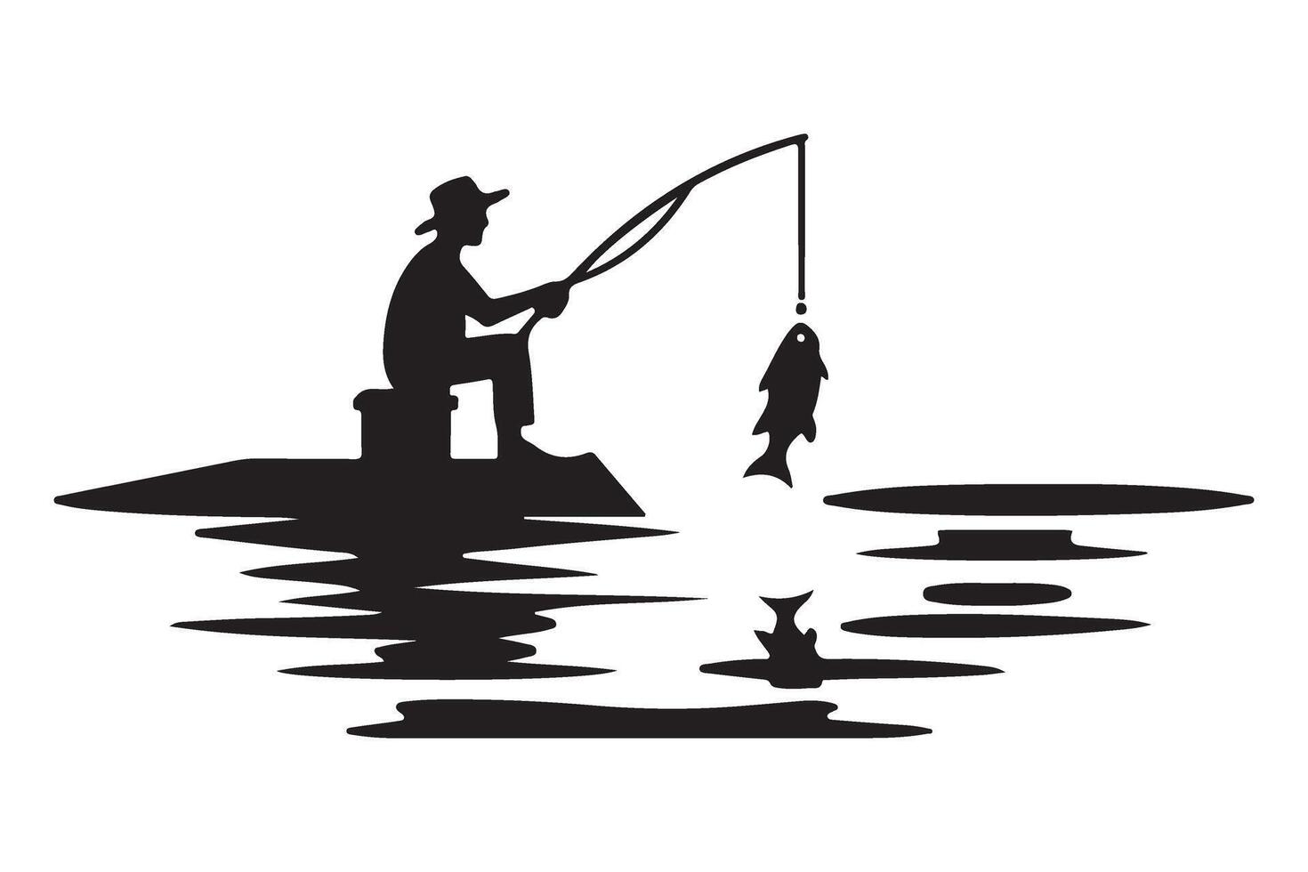 Silhouette Fisherman Catching a Fish Illustration Graphic Design vector