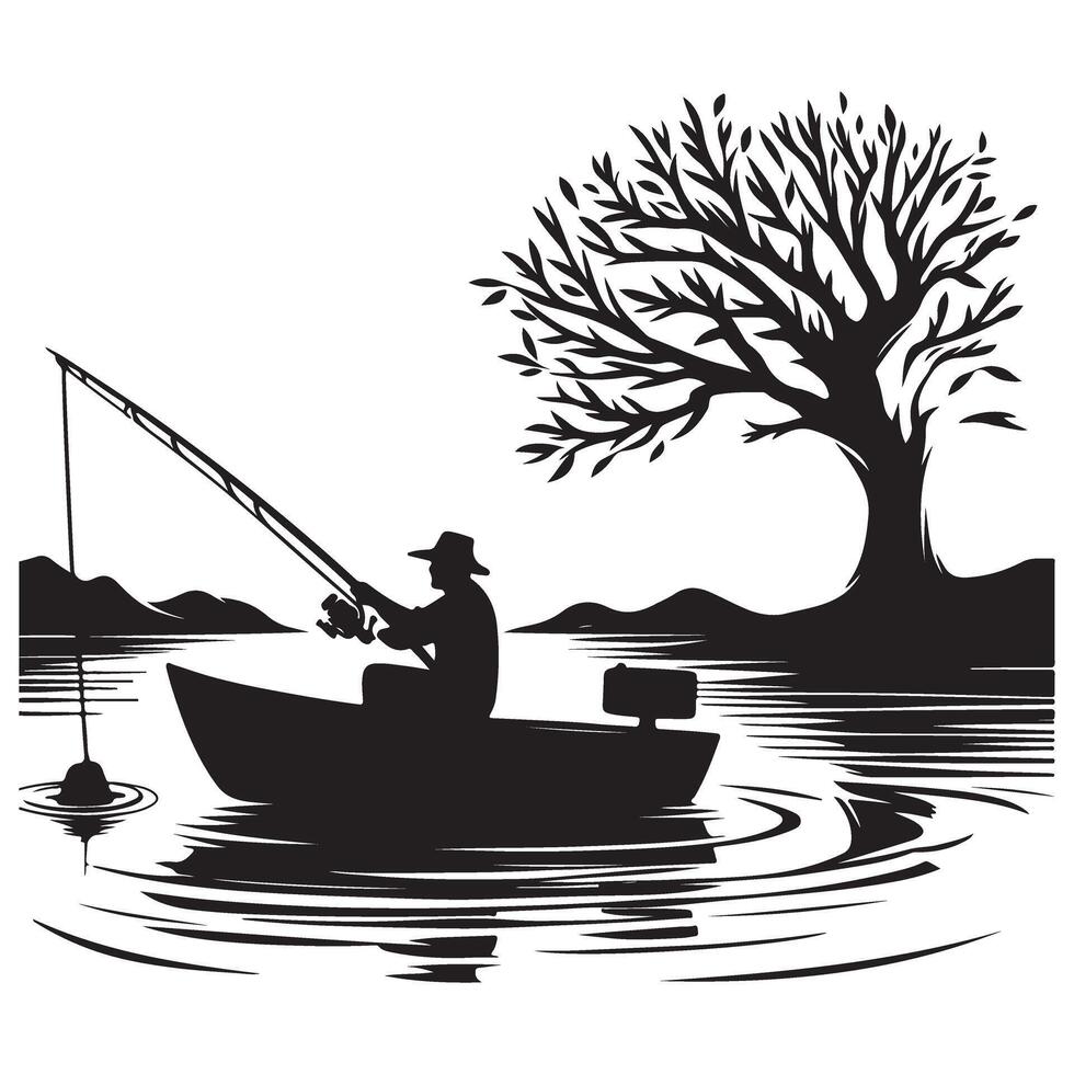 Fisherman Silhouette in Boat Under Tree Illustration Serene Landscape vector