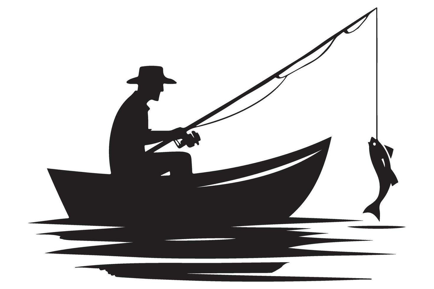 Silhouette of fisherman catching fish from boat illustration vector