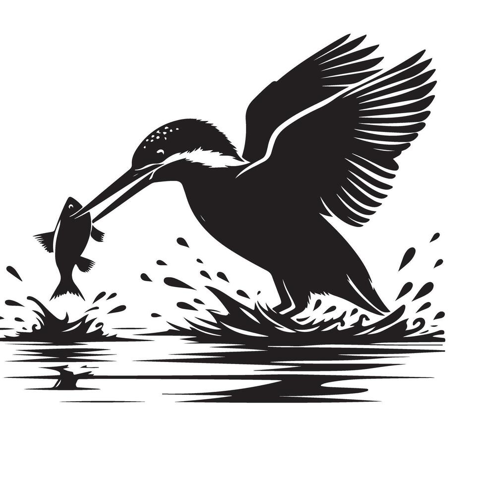 Kingfisher Bird Fishing Silhouette Graphic Illustration Art vector
