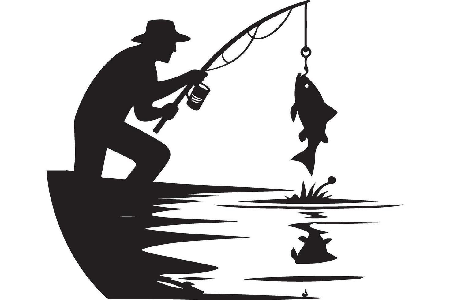 Silhouette Illustration of Fisherman Catching Leaping Fish Design Graphic vector