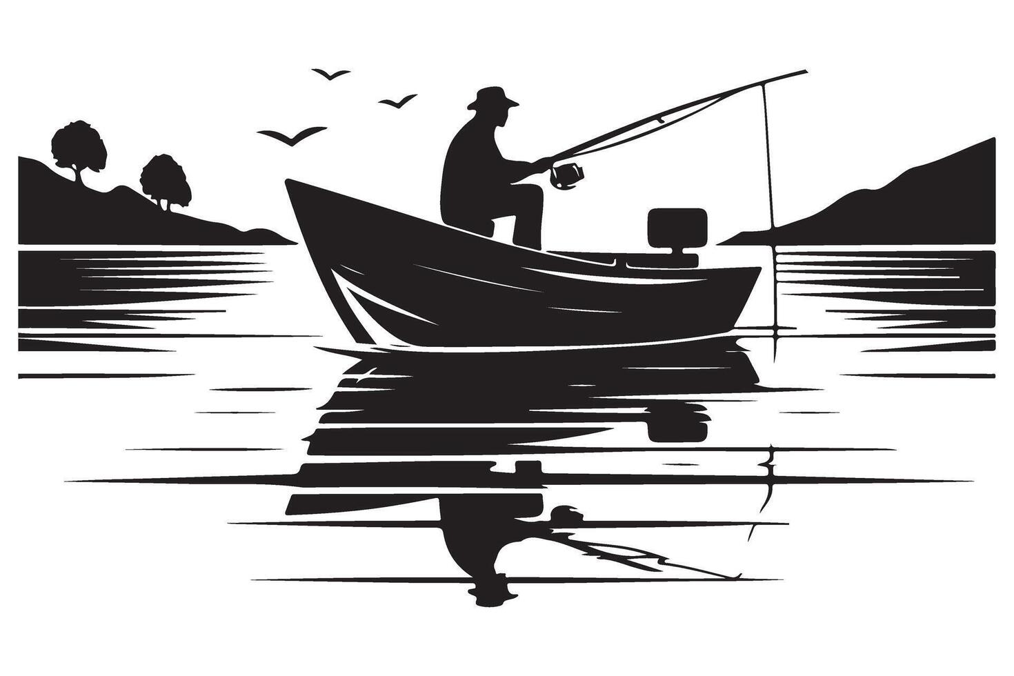 Silhouette of fisherman in boat fishing on calm scenic lake vector