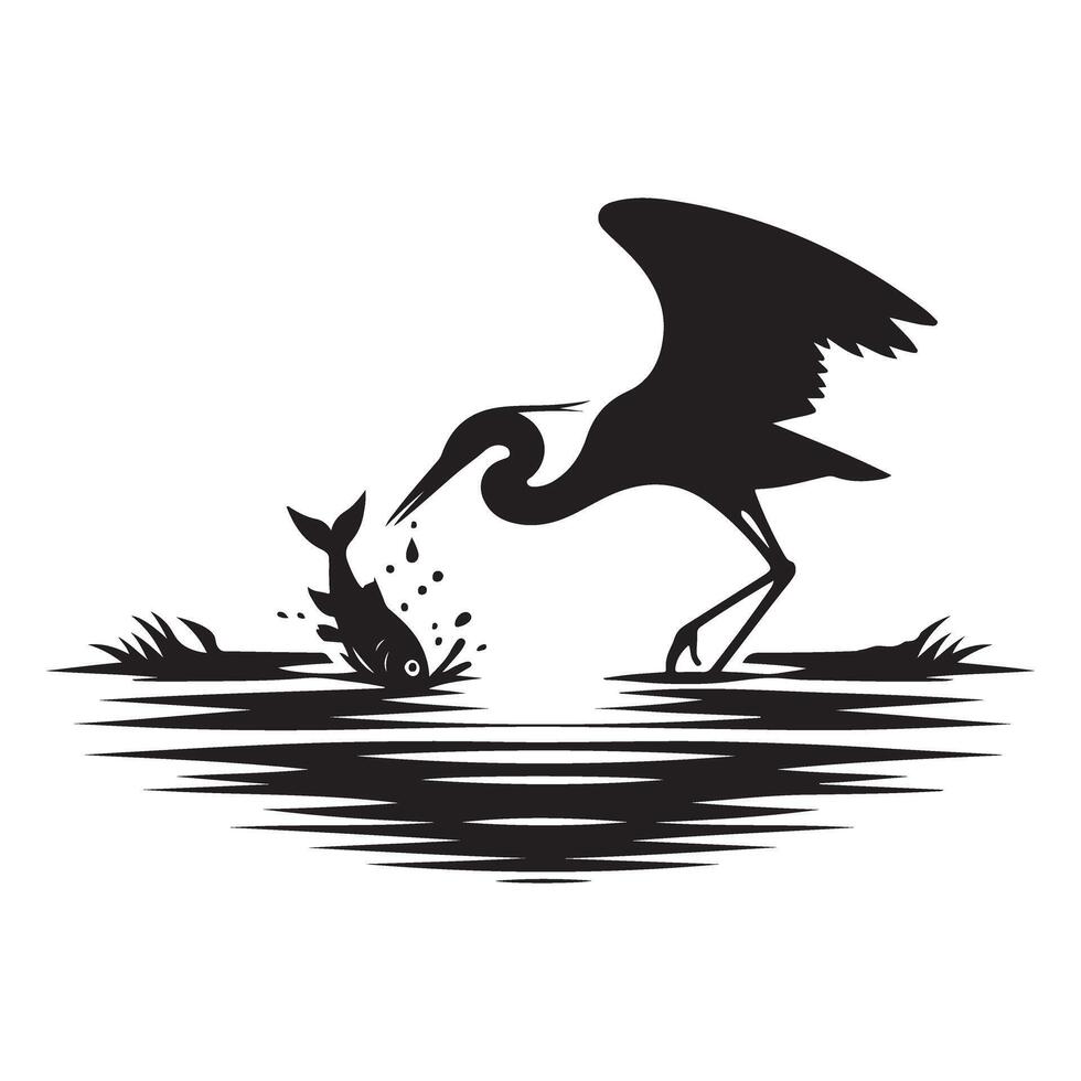 Great Blue Heron Catching Fish Silhouette Illustration Art vector