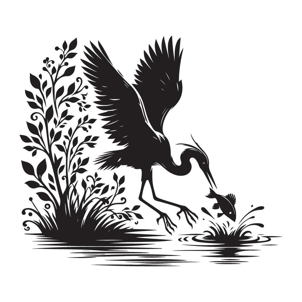 Heron Catching Fish Silhouette Illustration Graphic Artwork Design vector