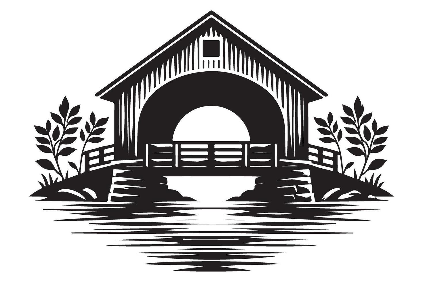 Scenic Silhouette Illustration of a Historic Covered Bridge Over Water vector