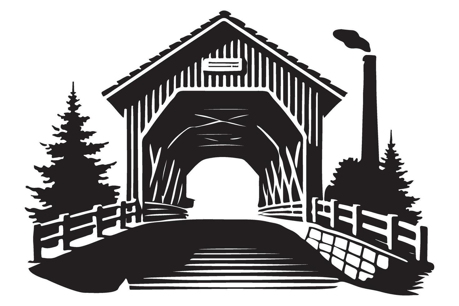 Iconic Covered Bridge Silhouette Artwork with Chimney and Pine Trees vector