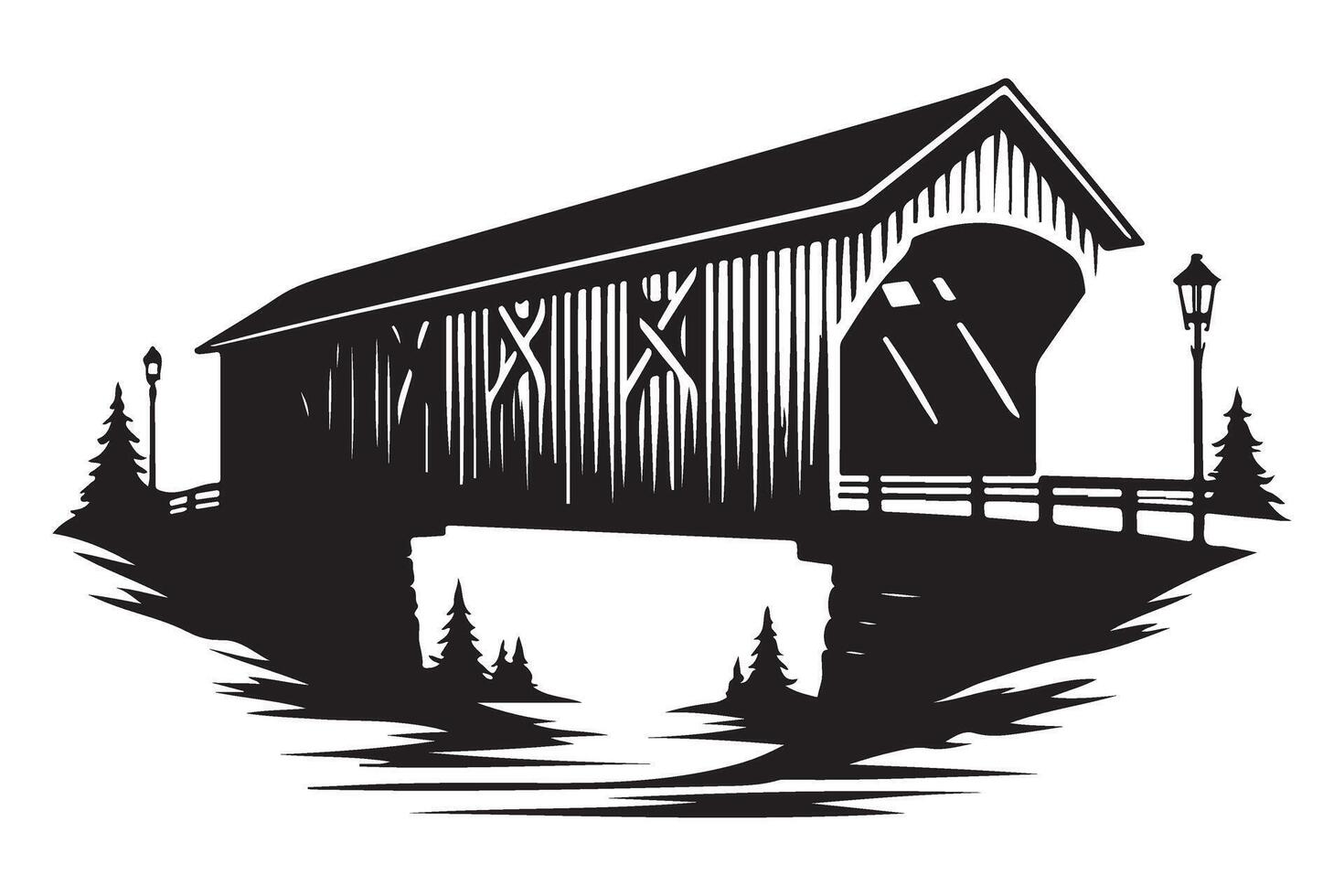 Scenic Covered Bridge Silhouette Illustration of Architecture vector