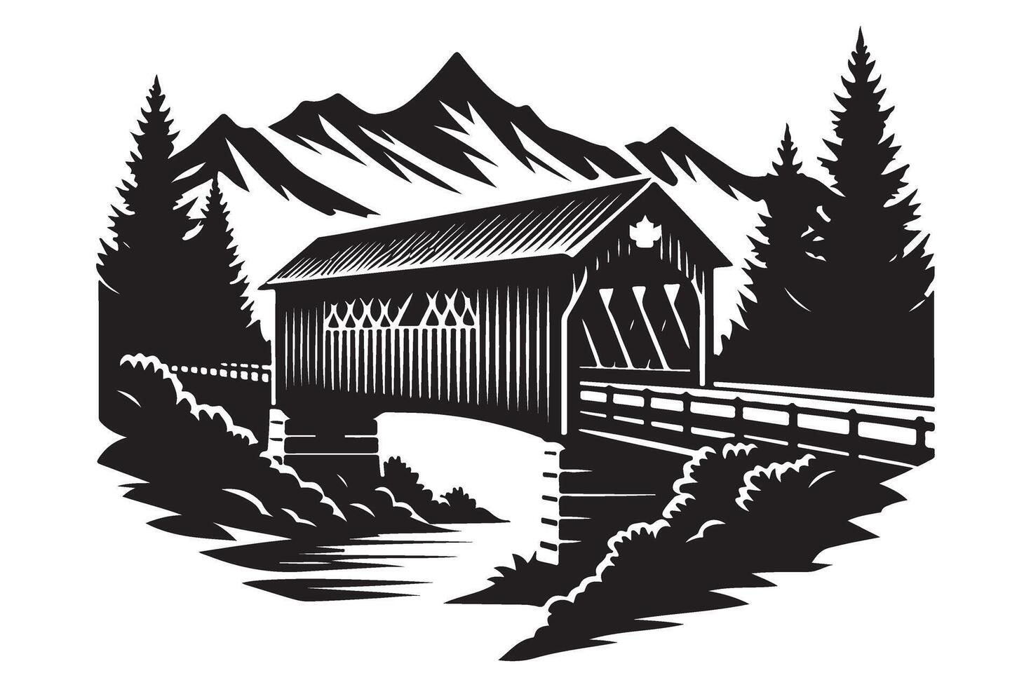 Detailed Silhouette of a Rustic Covered Bridge Surrounded by Nature vector