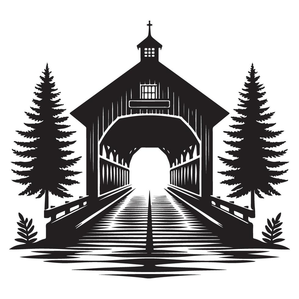 Scenic Covered Bridge Silhouette Art with Water Reflection vector