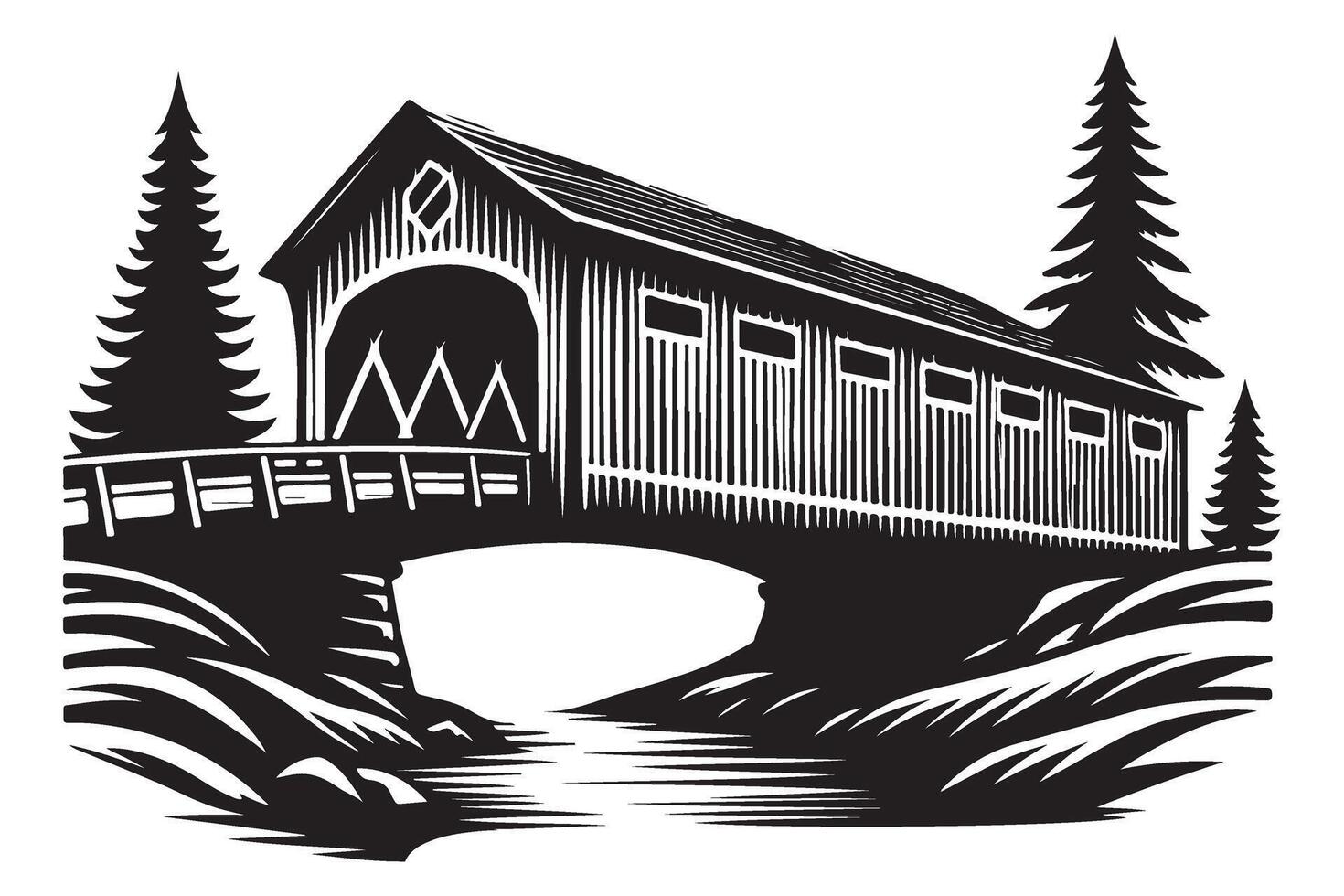 Rustic Covered Bridge Silhouette Illustration Art For Landmark Designs vector