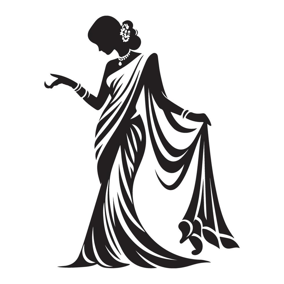 Elegant Indian Woman in Saree Silhouette Design with Details vector