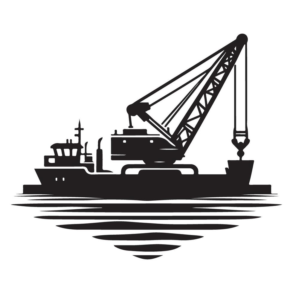 Construction Crane Vessel Silhouette Illustration Floating On Water Surface Graphics vector