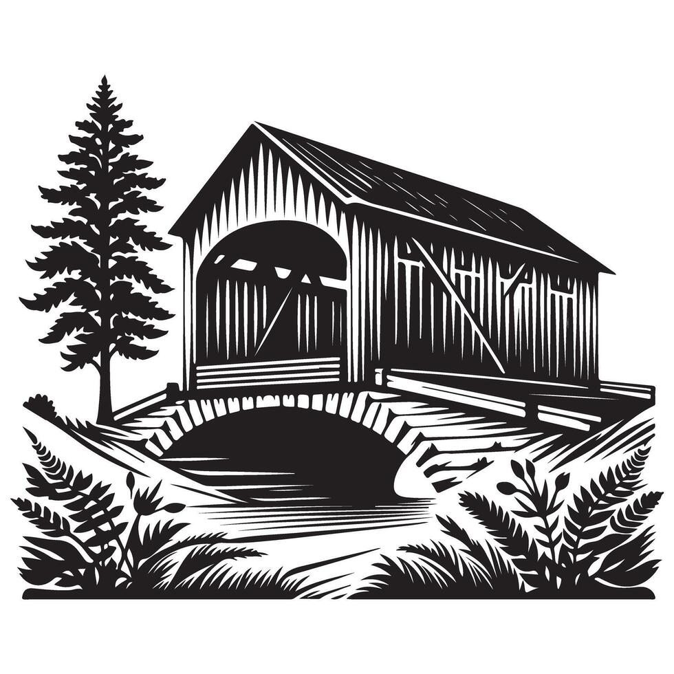 Detailed illustration of a vintage covered bridge with pine tree vector
