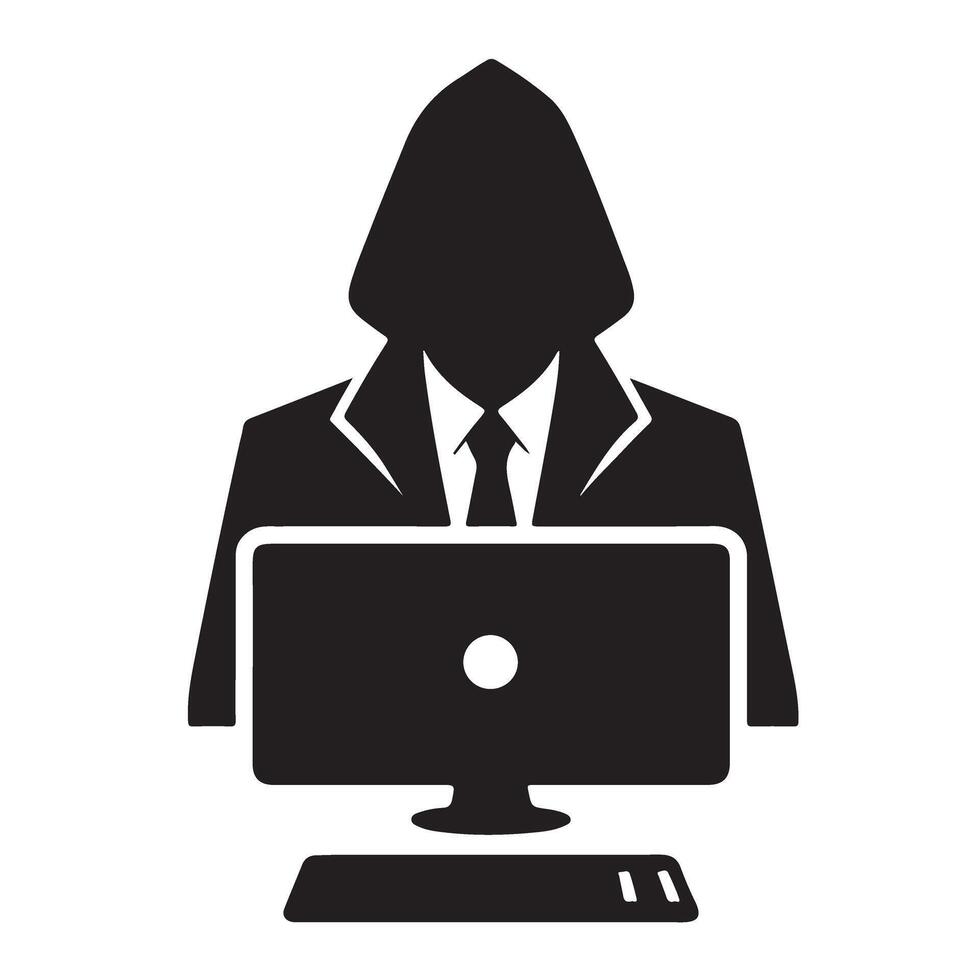 Silhouette Hacker in Suit at Computer Illustrating Cyber Security Threat vector