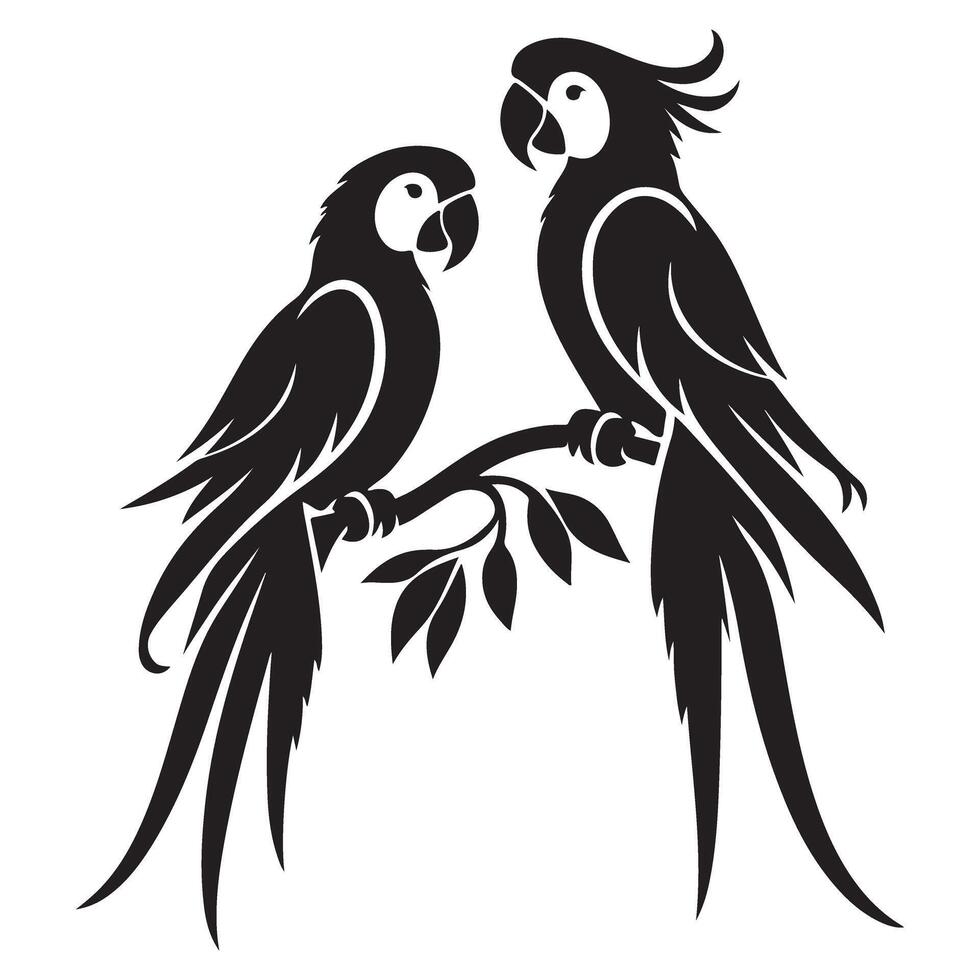 Beautiful Couple Parrots Perched on Branch Silhouette Artwork vector