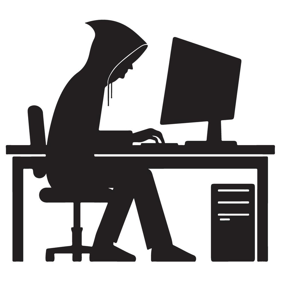 Silhouette Hacker Accessing Network Data via Computer Illustrating Cybersecurity Risks vector