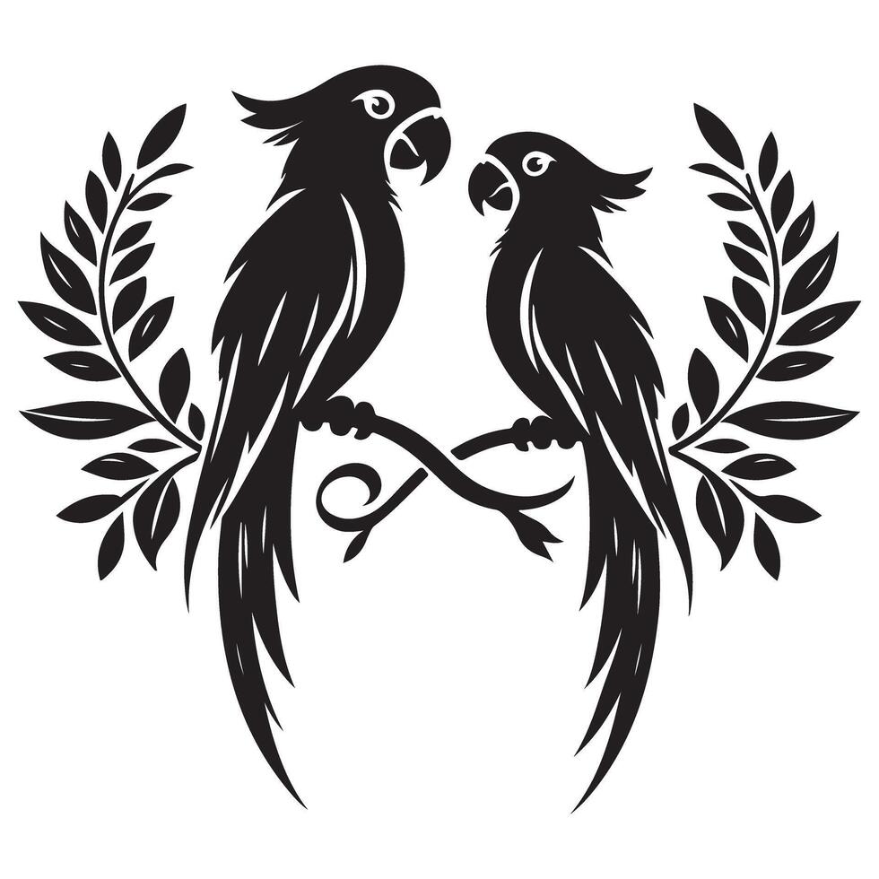 Charming Parrot Couple Silhouette Illustration with Foliage Decor vector