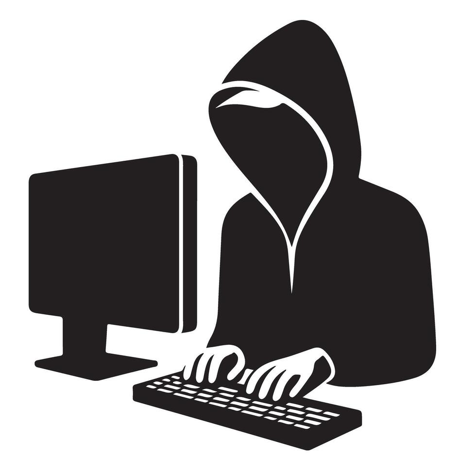 Black silhouette hacker coding at a computer cybersecurity concept vector