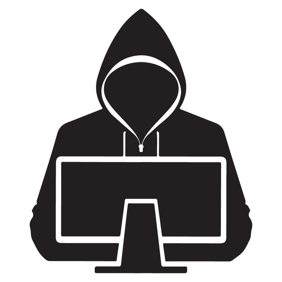 Black silhouette hacker coding behind monitor screen digital protection vector