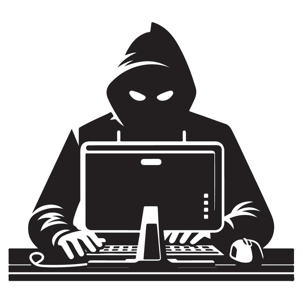 Silhouette Hacker Coding on Computer Illustrating Cybercrime and Security Risks vector