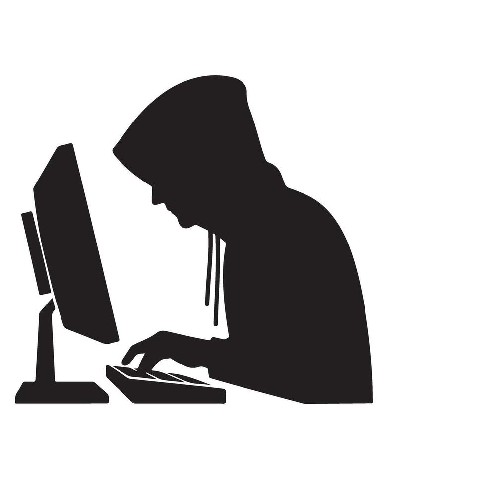 Silhouette Side View Hacker at Computer Illustrating Cybersecurity Threat vector