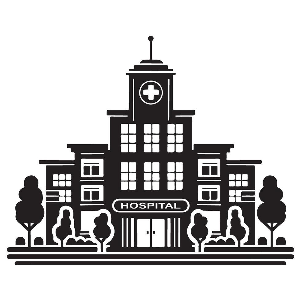 Detailed Silhouette Illustration of Classic Hospital Building with Grounds vector