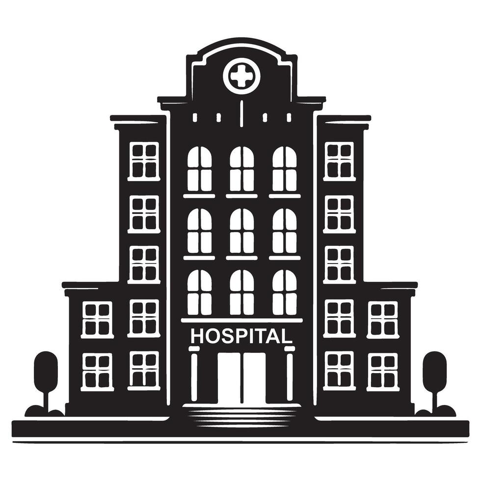 Modern Hospital Building Silhouette with Many Windows and Medical Symbol vector