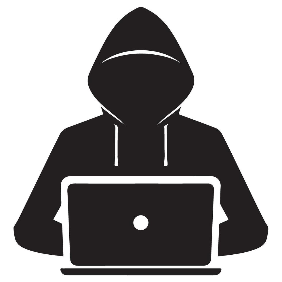 Silhouette Anonymous Hacker with Laptop Cyber Security and Threats vector