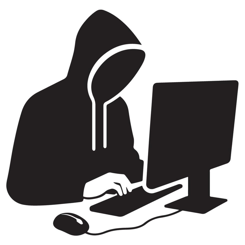 Silhouette Hooded Hacker at Computer Keyboard Cybercrime and Internet Security vector