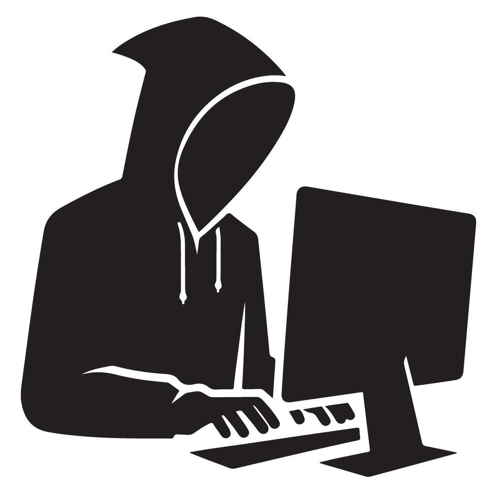 Black silhouette of a hacker coding at a desktop computer vector