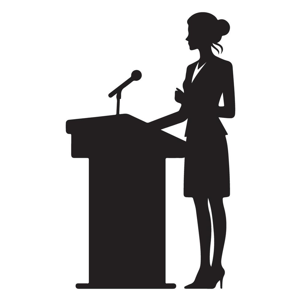 Silhouette of woman giving speech from podium for presentation vector