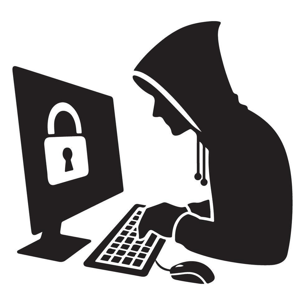 Hacker unlocking security padlock on computer coding cybersecurity illustration vector