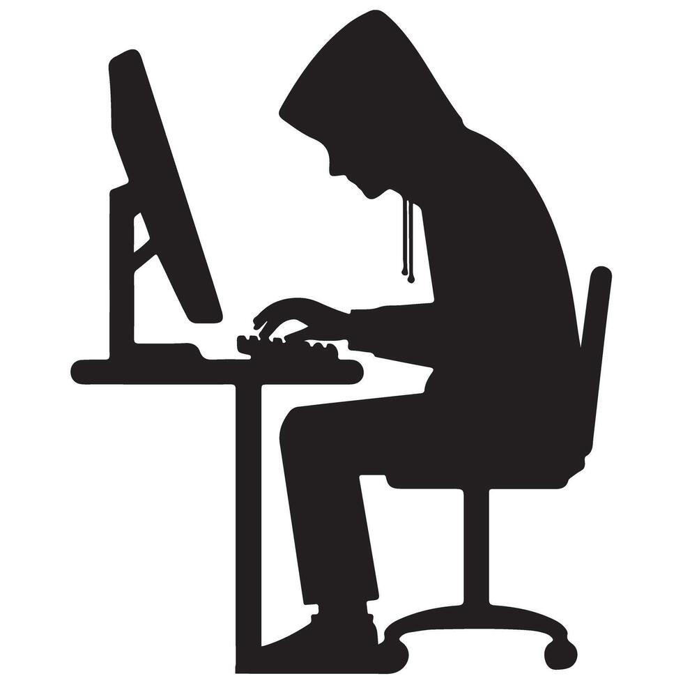 Silhouette Hacker at Desktop Computer Cybersecurity and Online Threats vector