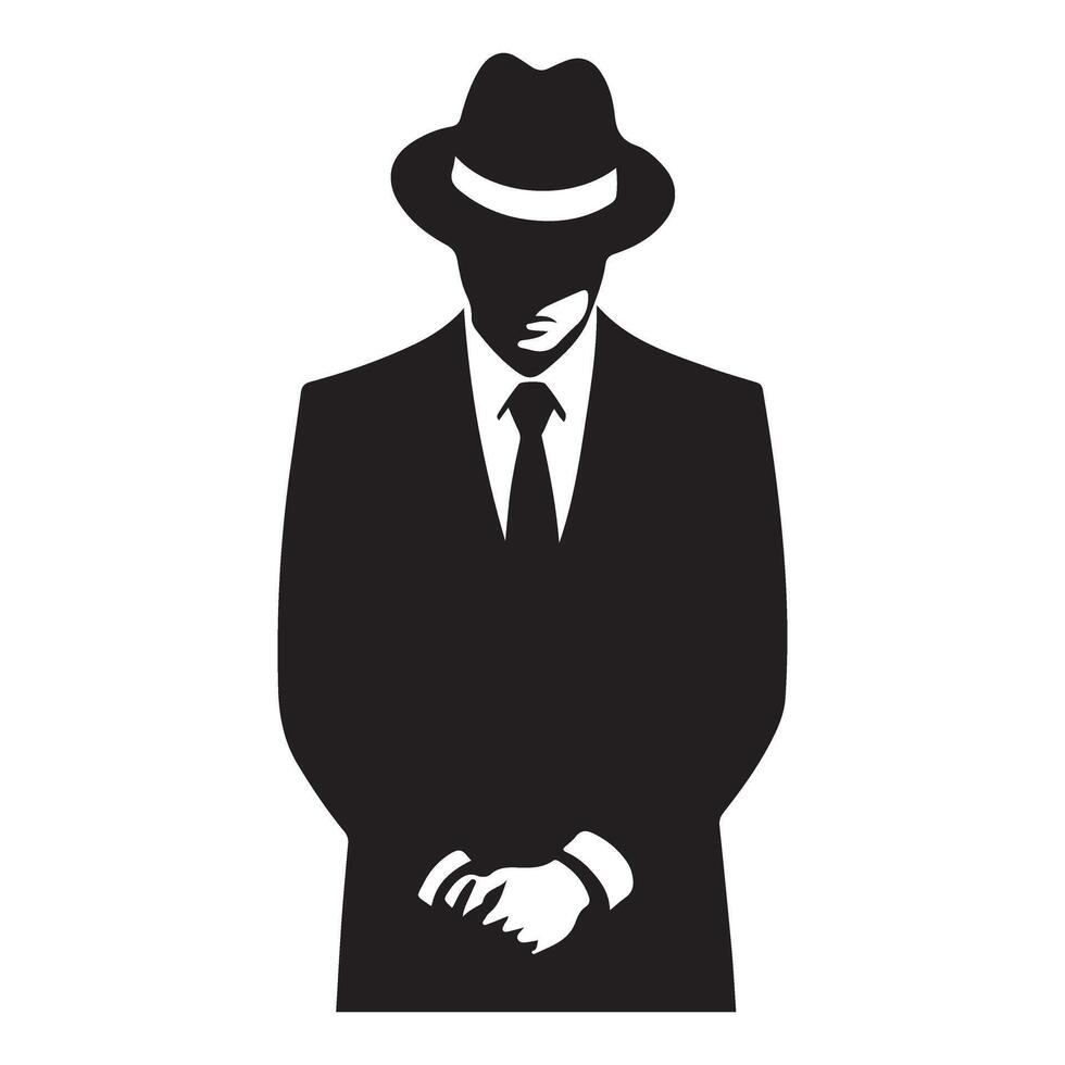Classic Mafia Boss Silhouette Standing in Mysterious Black Suit and Hat vector