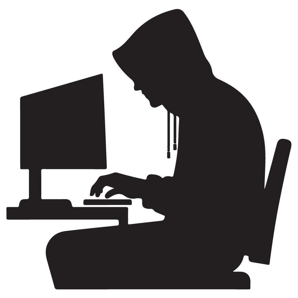 Hooded Hacker Silhouette at Computer Risk Cybersecurity and Privacy vector