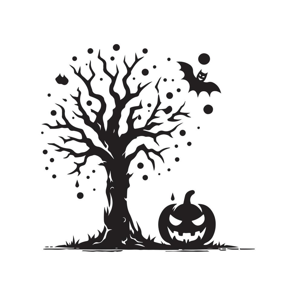 Dark Halloween Tree Black Silhouette for Print vector